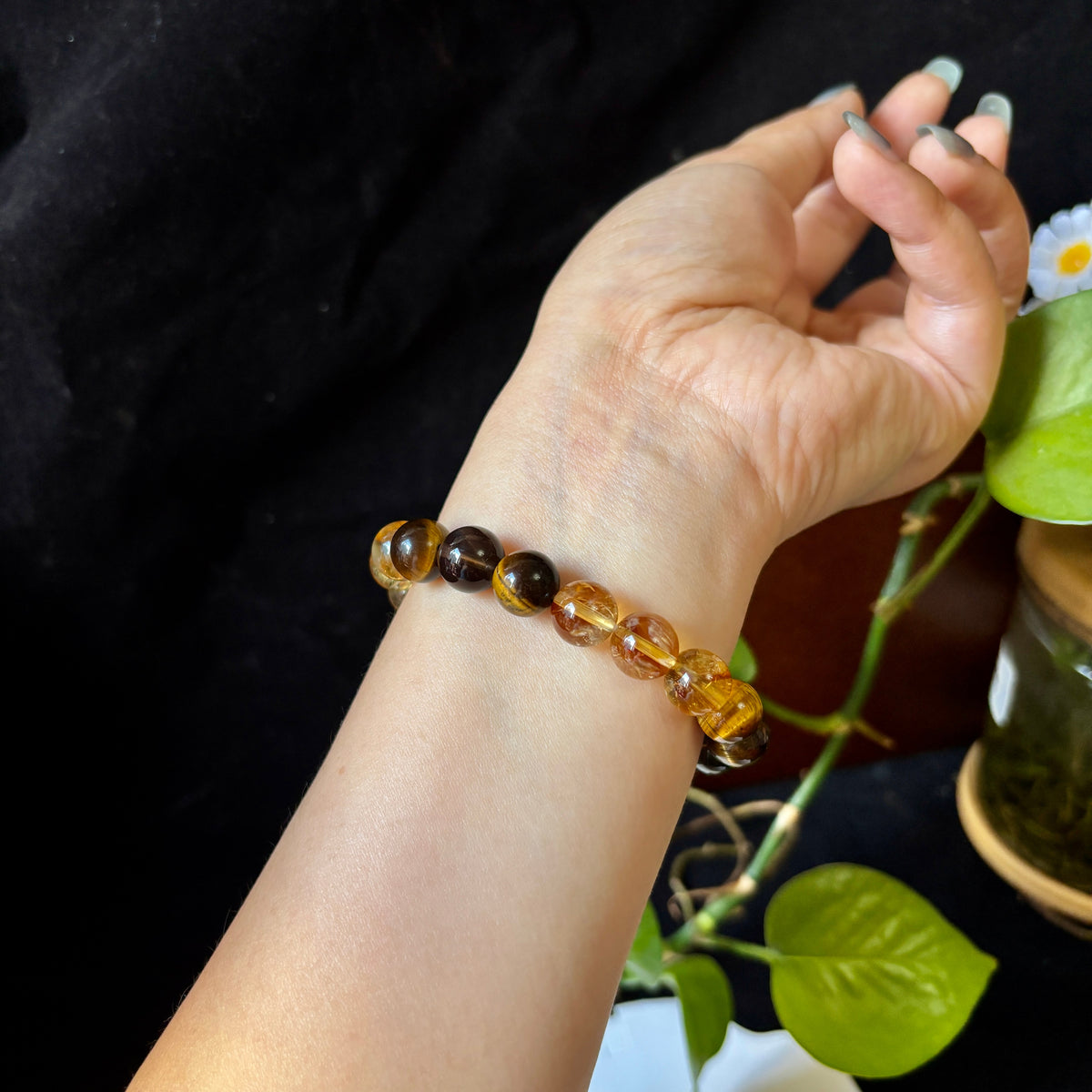 10mm Golden Citrine, Yellow Tiger’s Eye & Smoky Quartz Bracelet