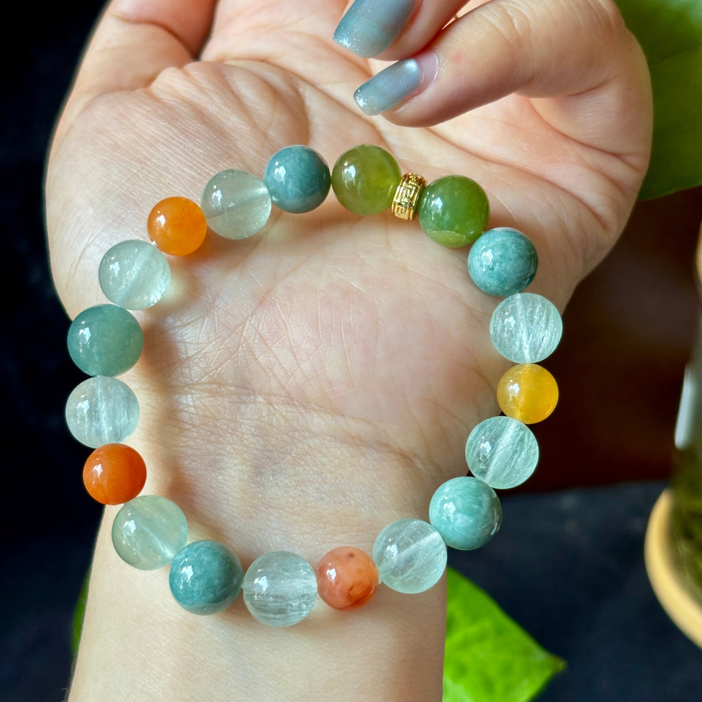 10mm Green Fluorite & Jade Bracelet with Sand Gold Accent