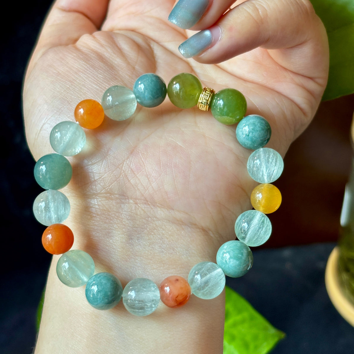 10mm Green Fluorite & Jade Bracelet with Sand Gold Accent