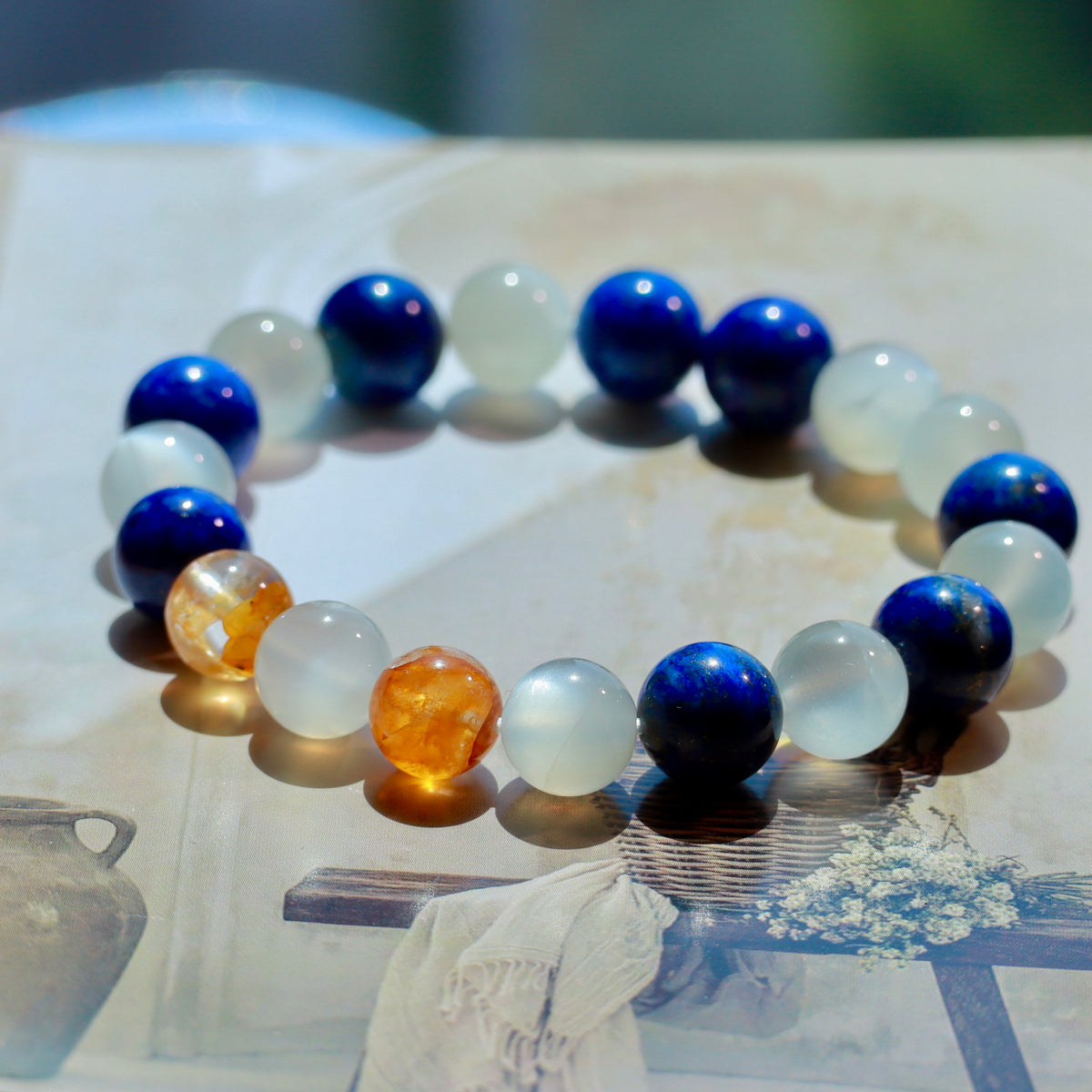 9-10mm Natural Lapis Lazuli, White Moonstone & Yellow Hematoid Quartz Bracelet