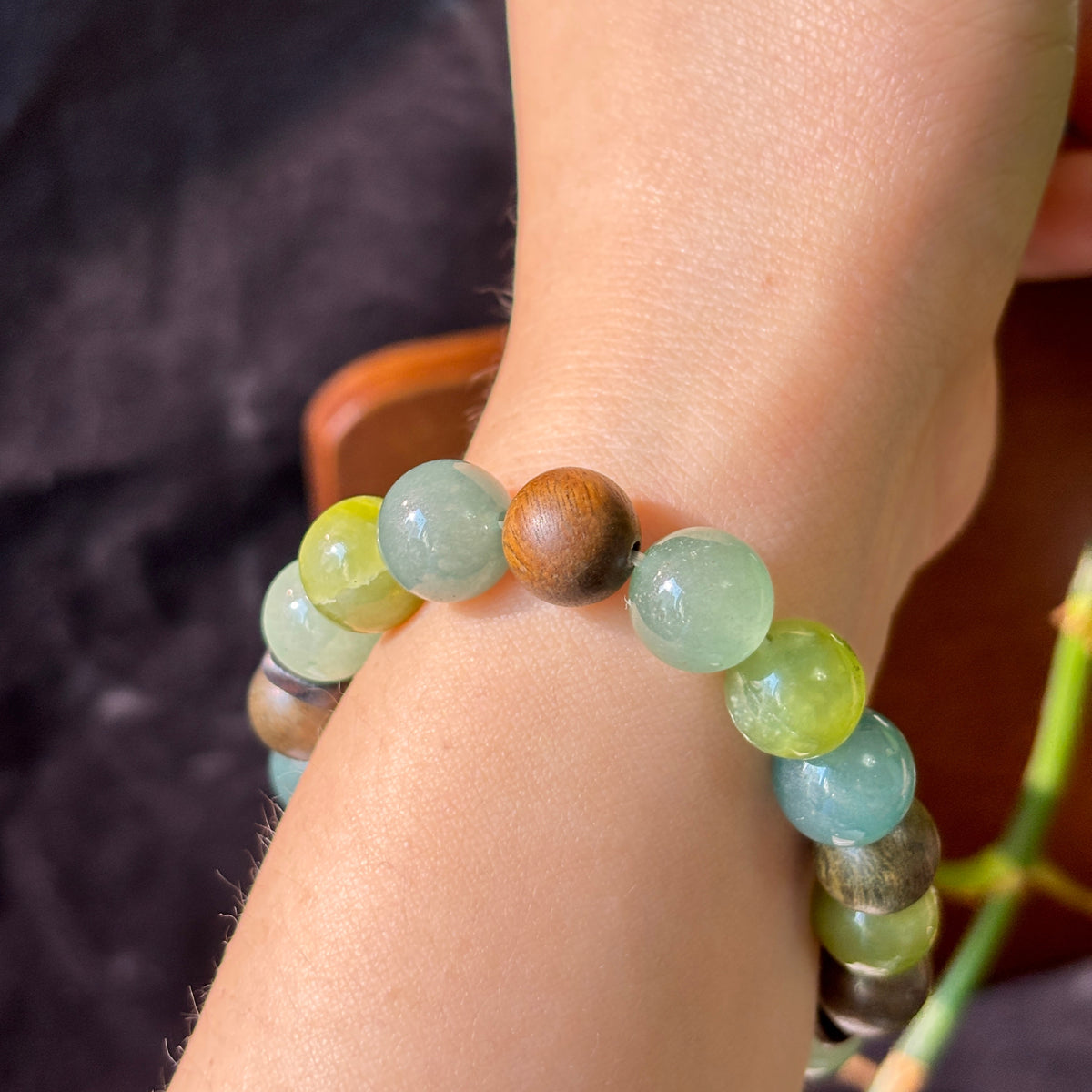Green Aventurine & Xiuyan Jade Bracelet with Blue Agate and Green Sandalwood