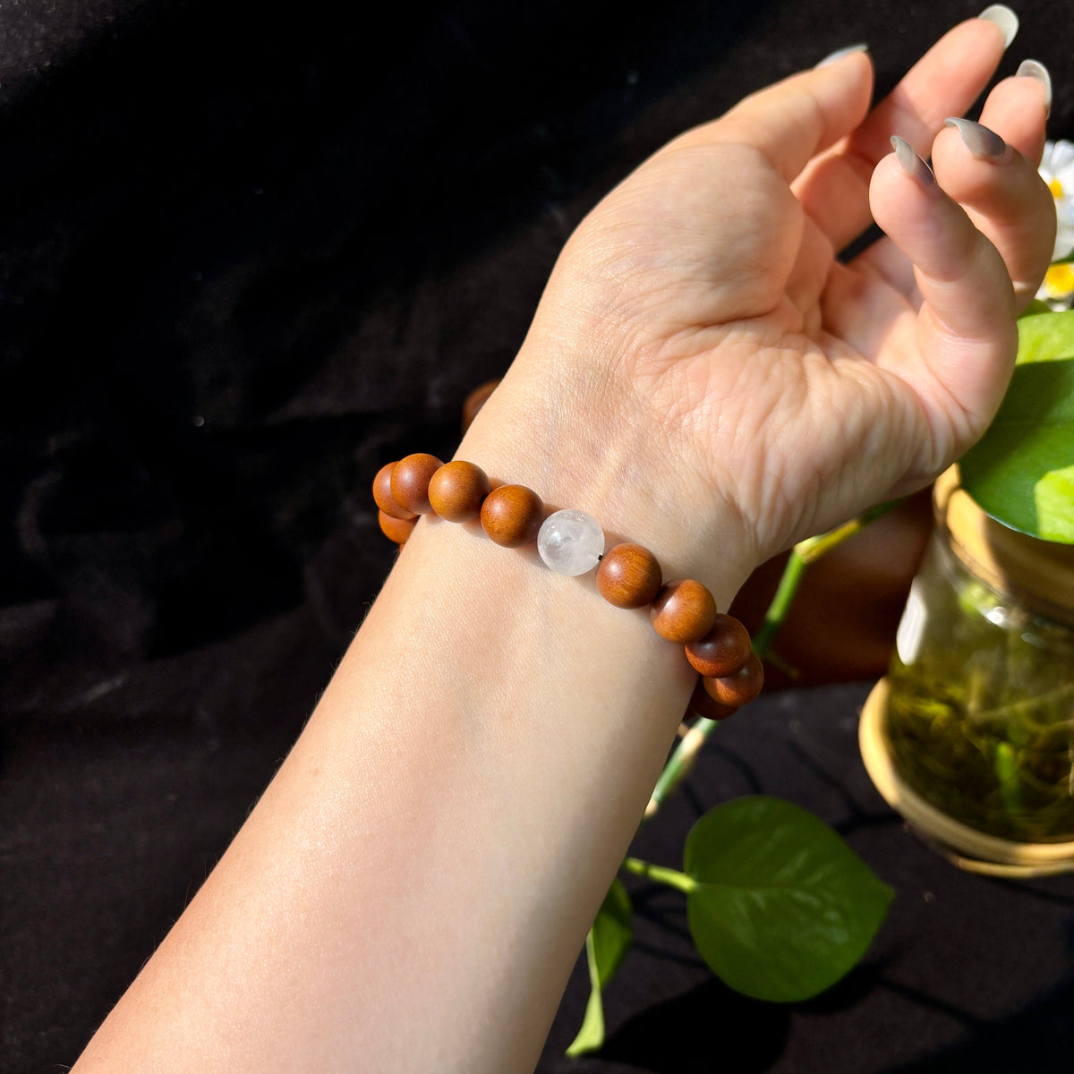10mm Sandalwood & Hanbaiyu Marble Bracelet – Handmade Natural Wood Beaded Bracelet