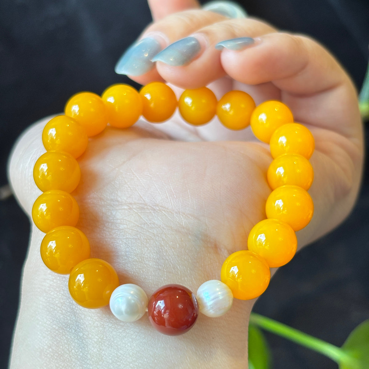 Natural Yellow Agate & Pearl Bracelet with Nanhong Agate | 10mm Gemstone Beaded Bracelet