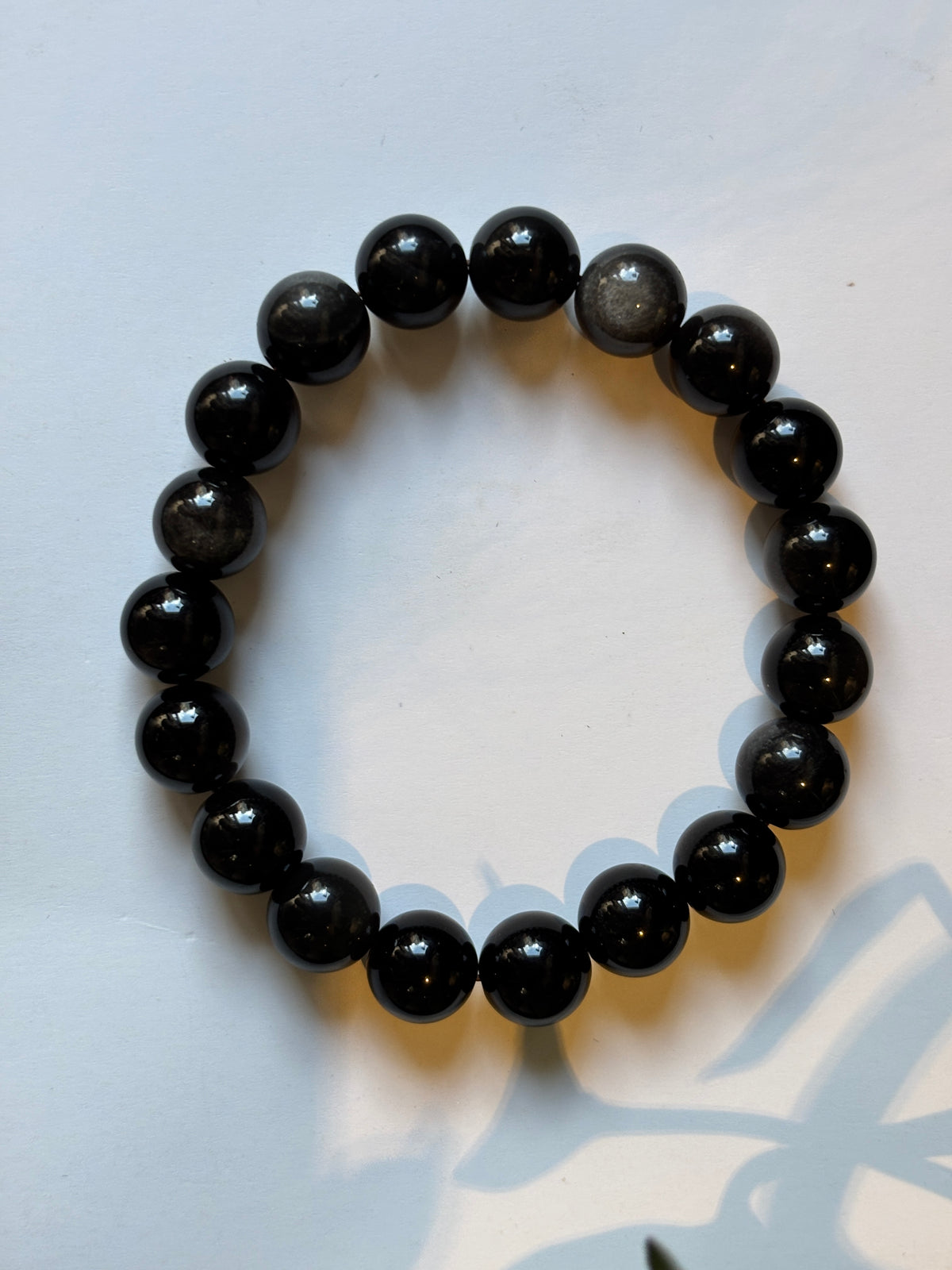 10mm Natural Silver Sheen Obsidian Bracelet –  Black Gemstone Beads