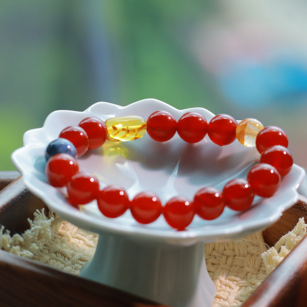 Red Agate Bracelet with Blue Kyanite, Yellow Flower Agate & Amber