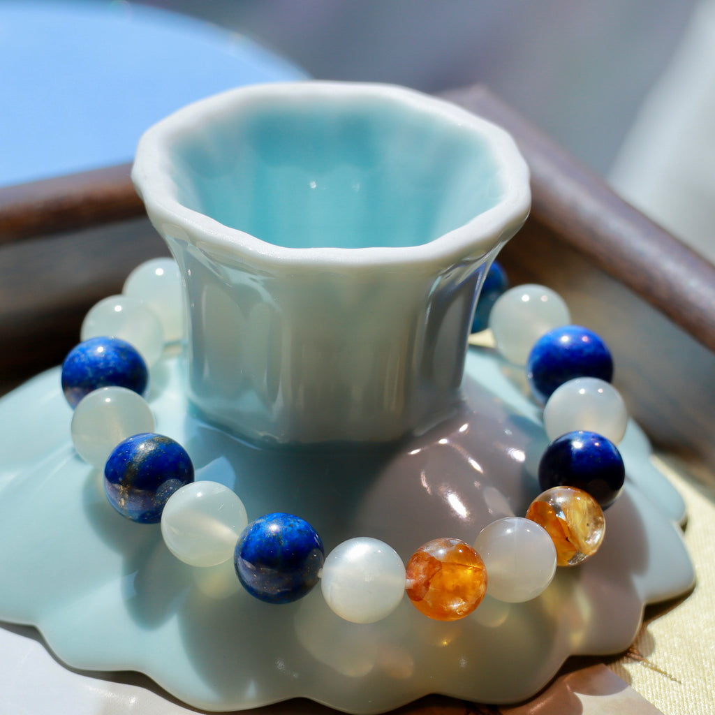 9-10mm Natural Lapis Lazuli, White Moonstone & Yellow Hematoid Quartz Bracelet
