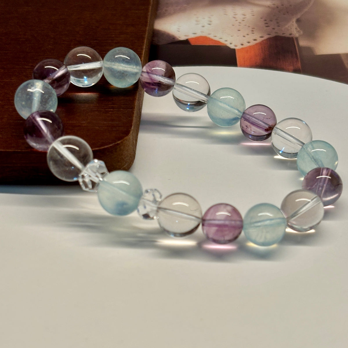 9-10mm Natural Aquamarine, Brazilian Amethyst & Clear Quartz Bracelet