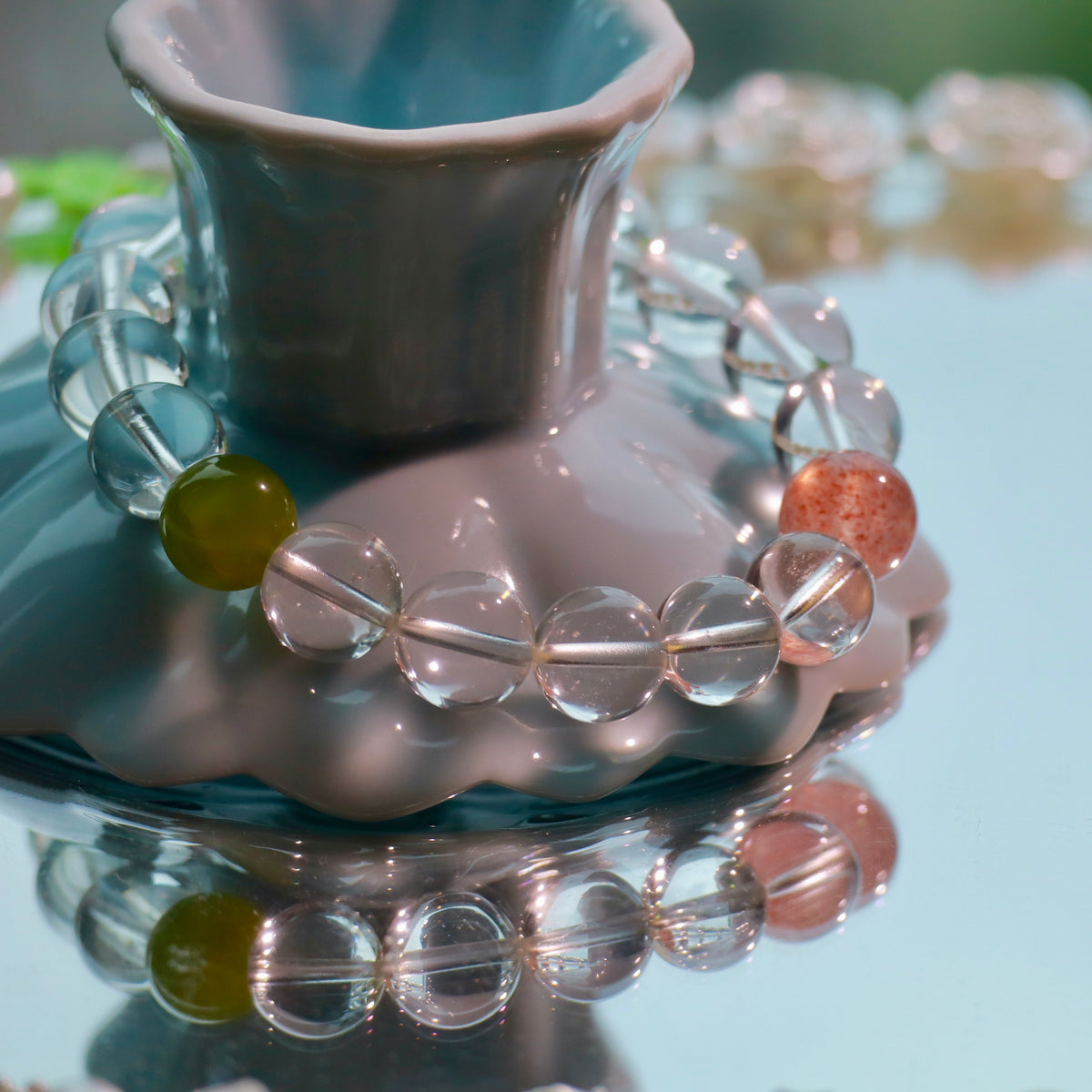 Natural Clear Quartz Bracelet with Xiuyan Jade & Strawberry Quartz | 10mm Gemstone Beads