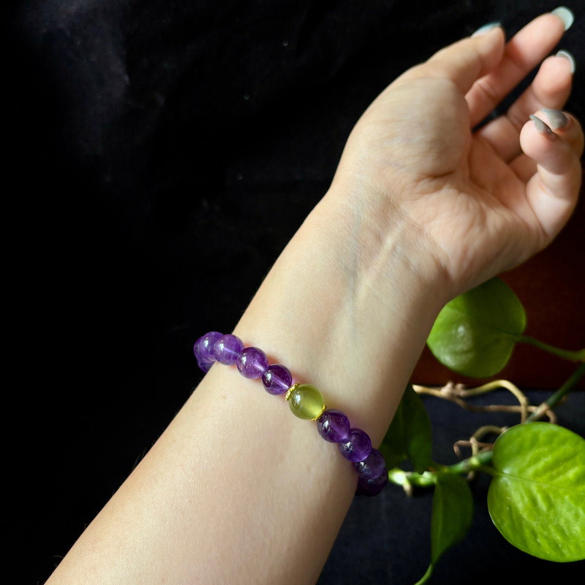 9mm Amethyst & Xiuyu Jade Bracelet – Handmade Natural Crystal Stretch Bracelet