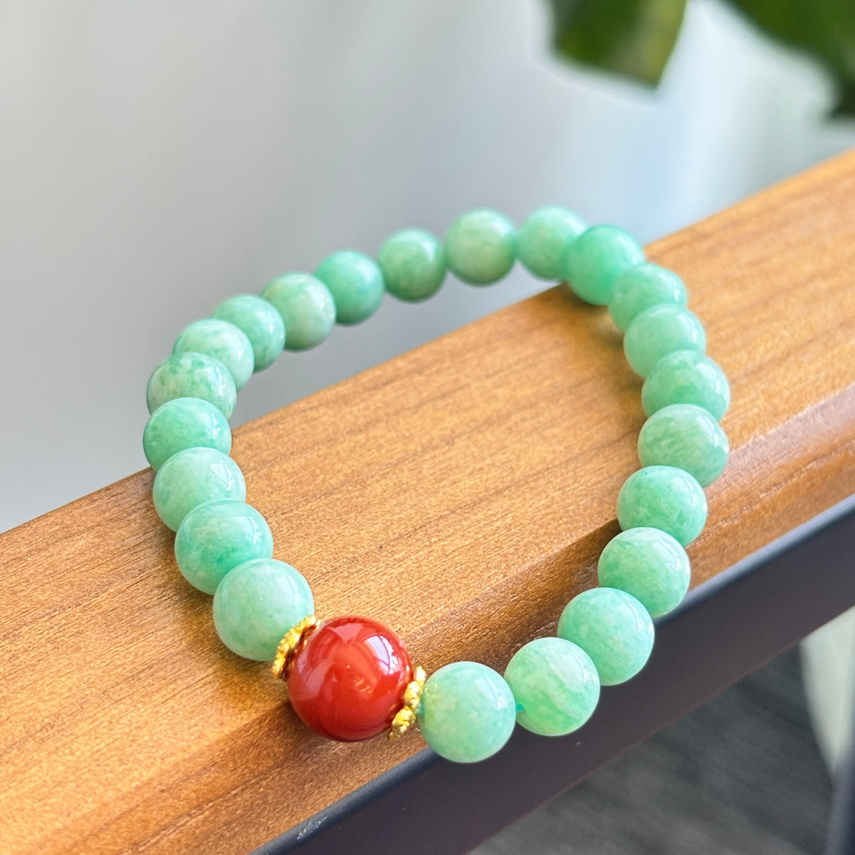 8mm Natural Old-Mine Amazonite Beaded Bracelet, Accented with a Single Red Agate
