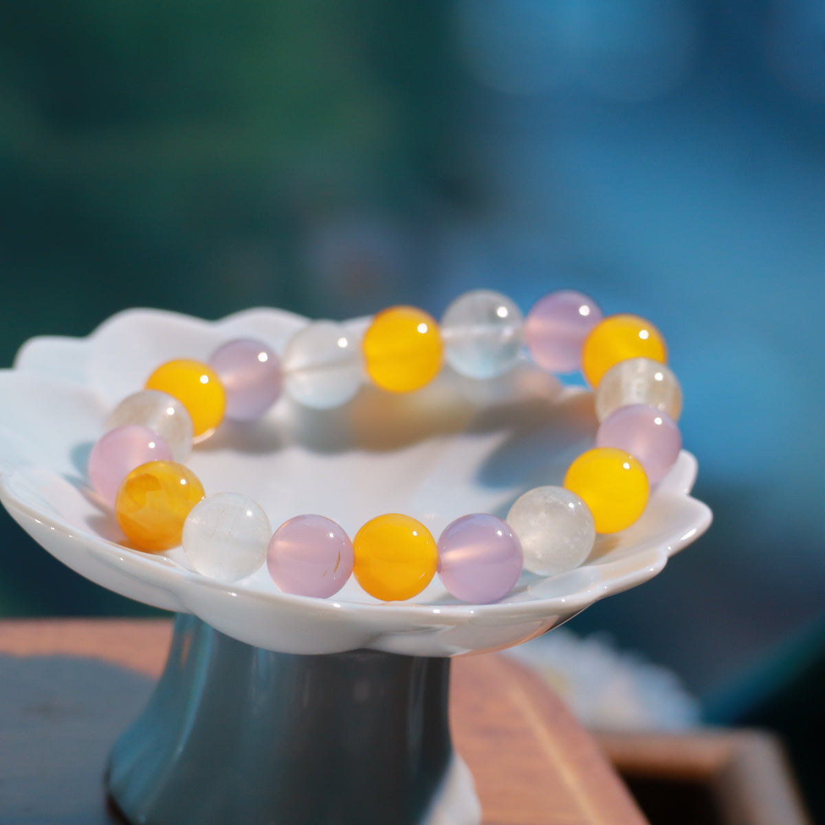 10mm Natural Yellow Agate, Green Fluorite & Purple Chalcedony Bracelet
