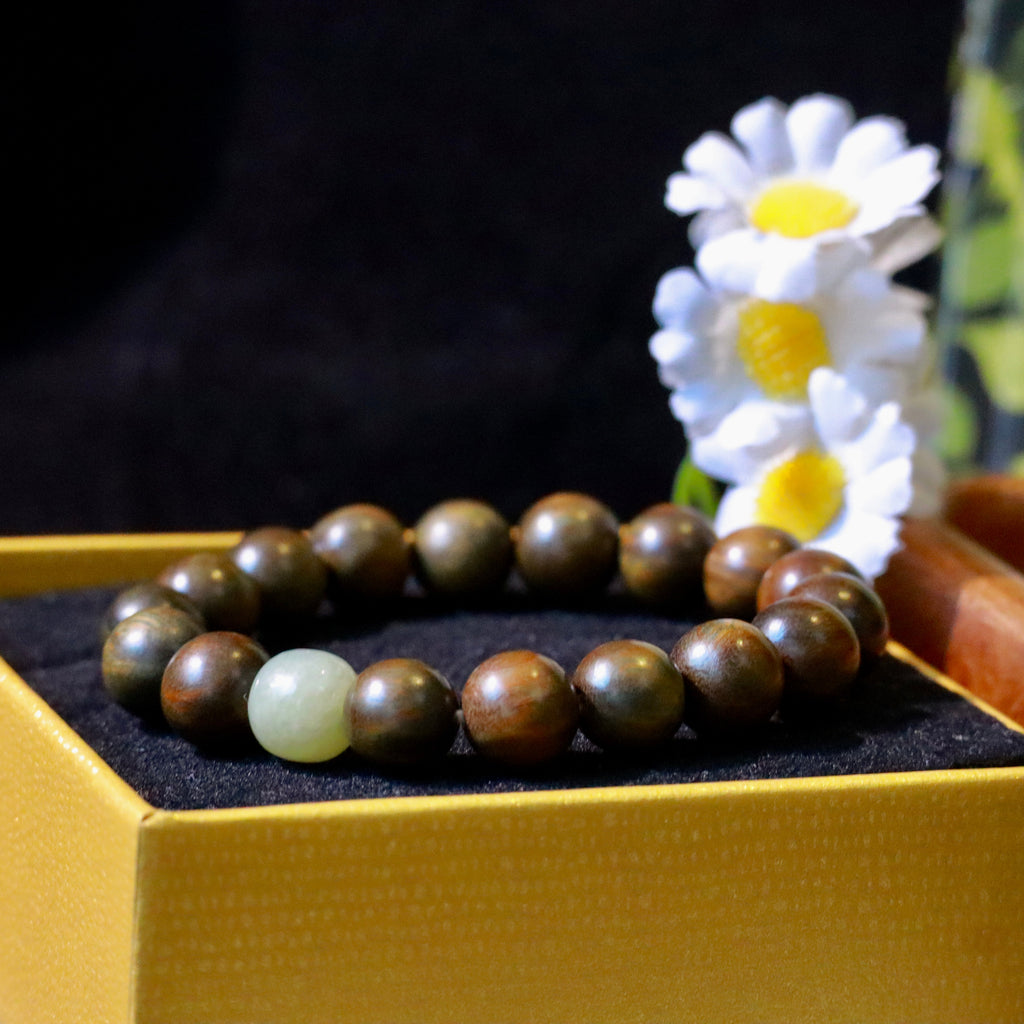 Green Sandalwood Bracelet with Natural Hetian Jade | 10mm Wood Beads