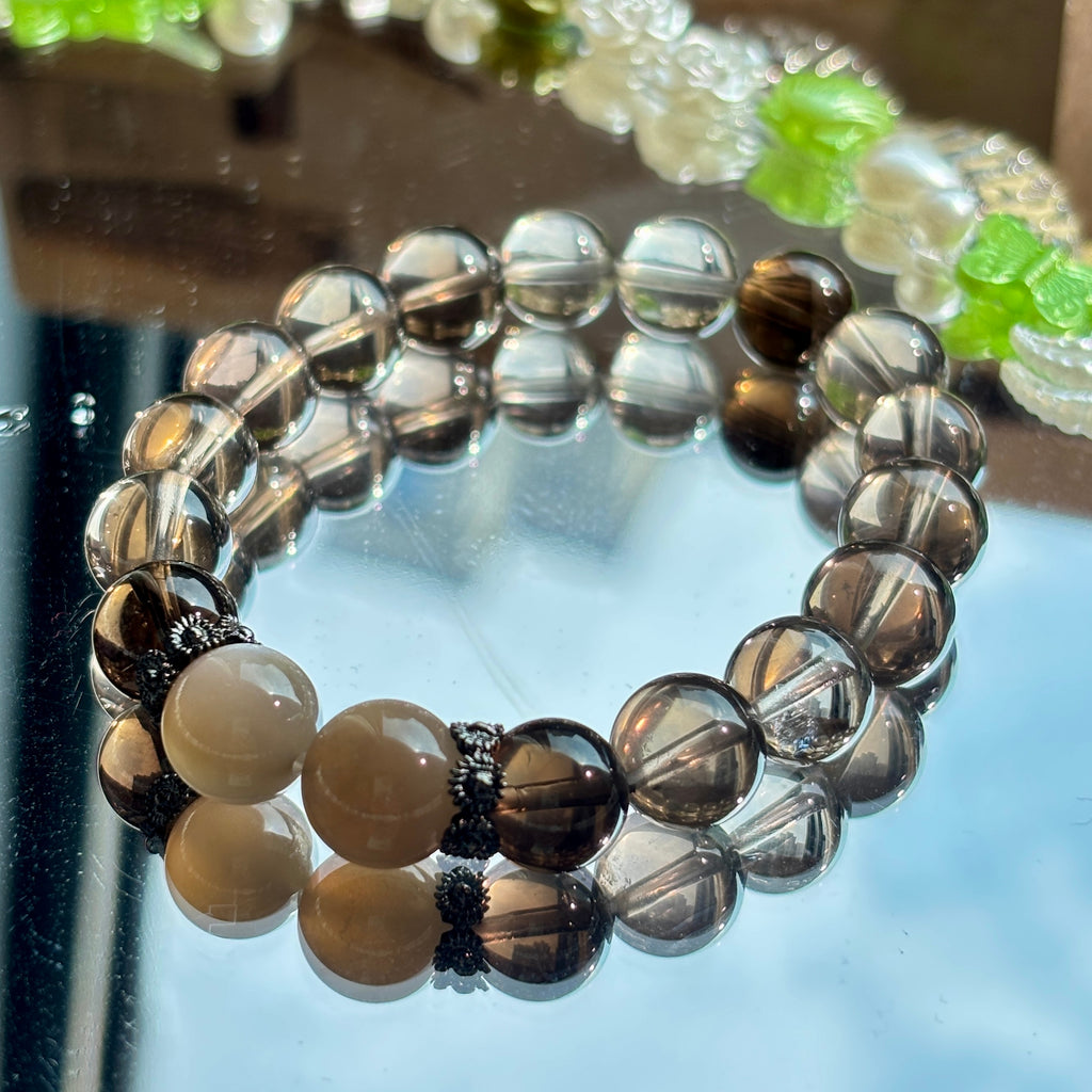 White & Black Smoky Quartz Bracelet with Cream Moonstone | 10mm Natural Gemstone Beads
