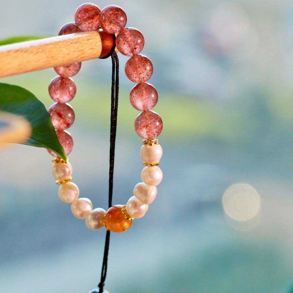 10mm Strawberry Quartz & Pearl Bracelet with Golden Rutilated Quartz