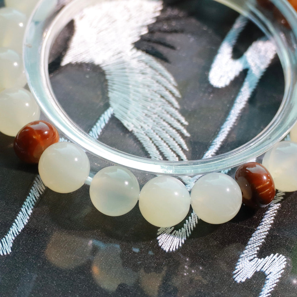Natural Moonstone & Kuk Wood Bracelet | 9mm Gemstone Beads