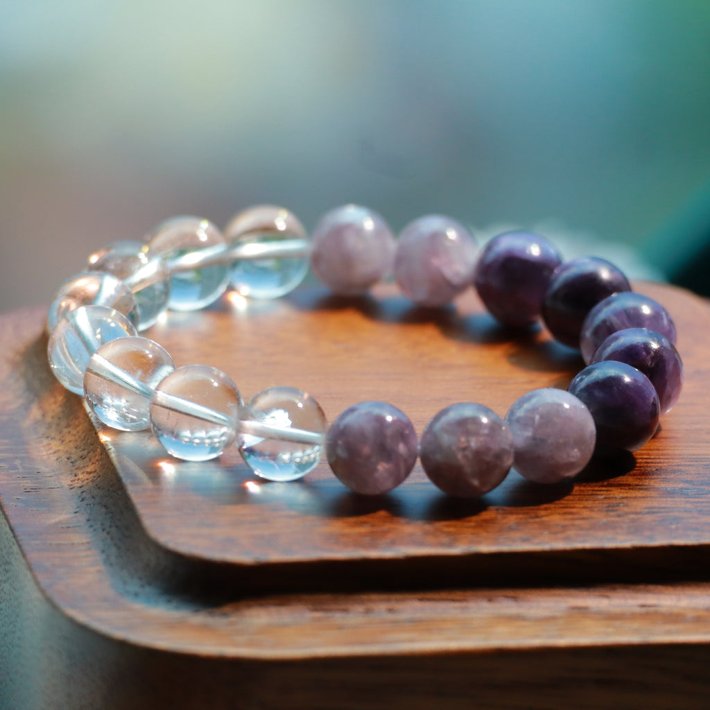 10mm Silver Purple Lepidolite & White Quartz Bracelet – Handmade Natural Crystal Stretch Bracelet