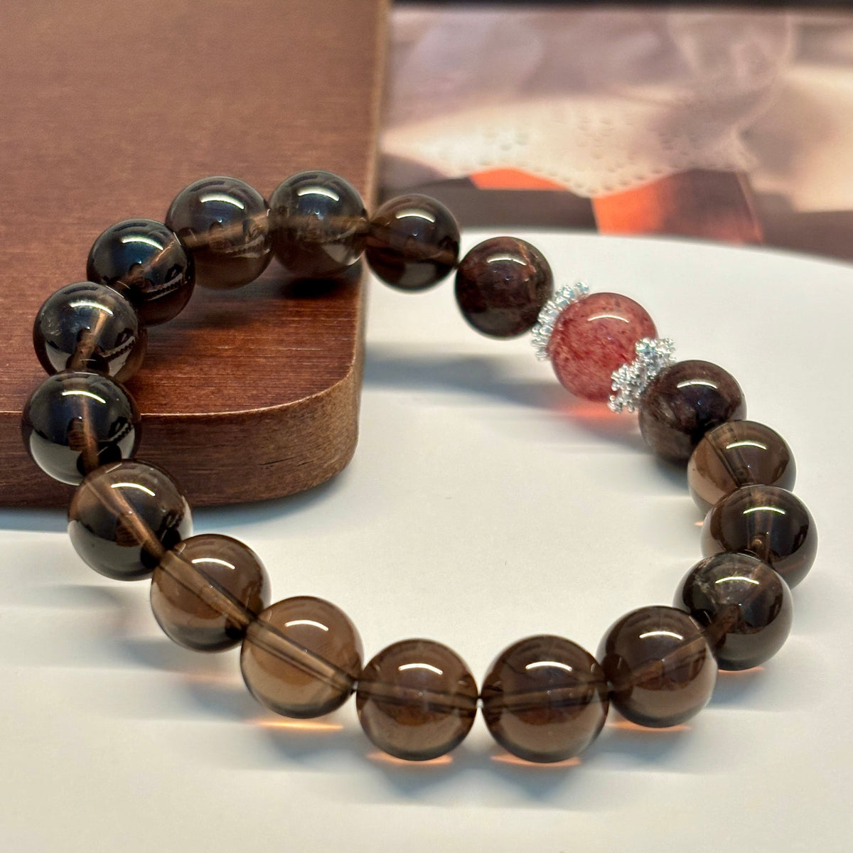 Smoky Quartz Bracelet with Black Super Seven & Red Strawberry Quartz, 10mm