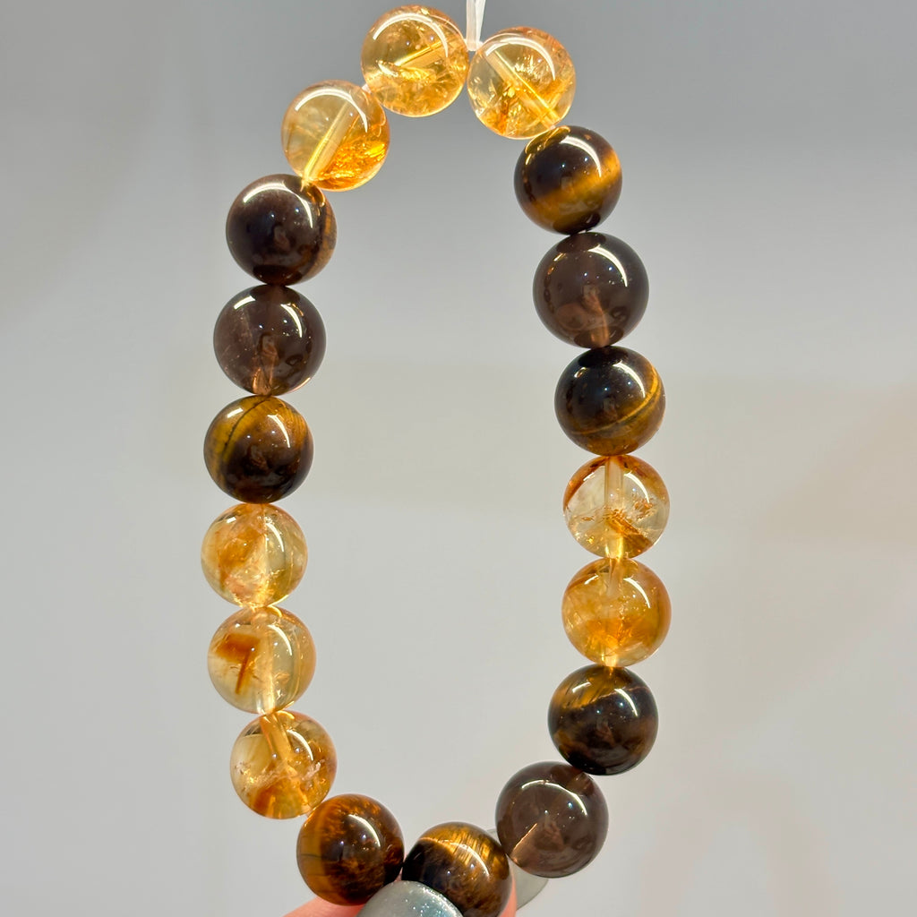 10mm Golden Citrine, Yellow Tiger’s Eye & Smoky Quartz Bracelet
