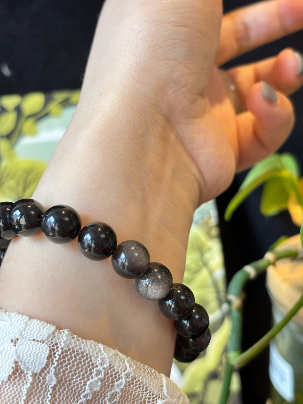 10mm Natural Silver Sheen Obsidian Bracelet –  Black Gemstone Beads