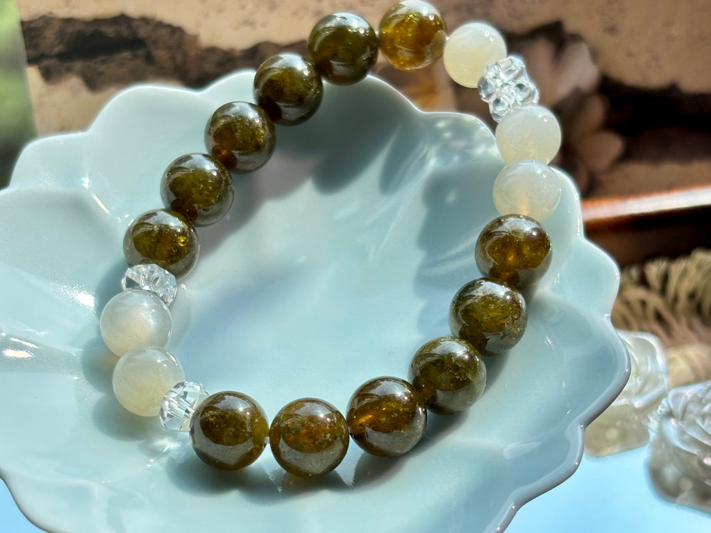 Tsavorite Garnet & Silver Moonstone Bracelet | Natural Green Gemstone Beads
