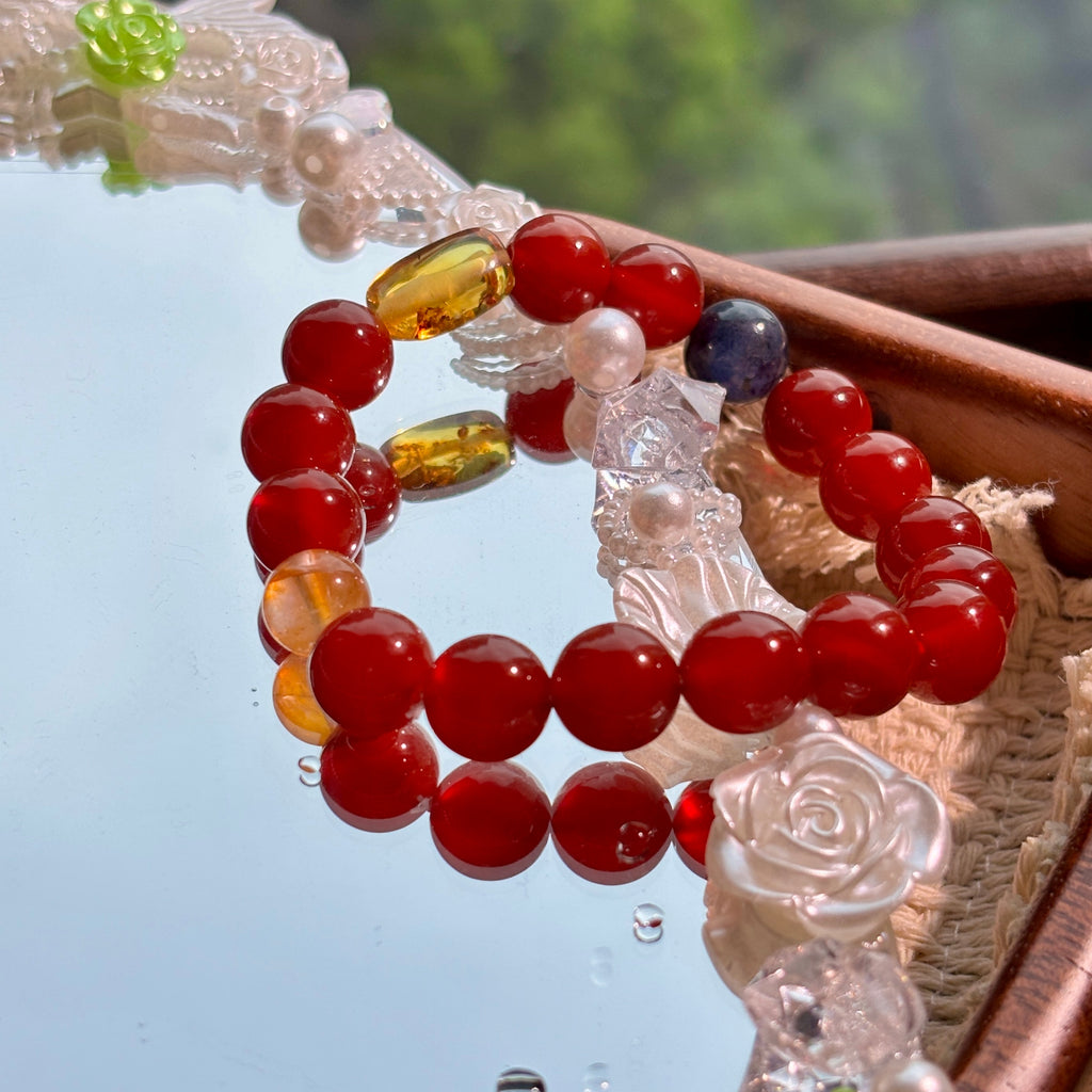 Red Agate Bracelet with Blue Kyanite, Yellow Flower Agate & Amber