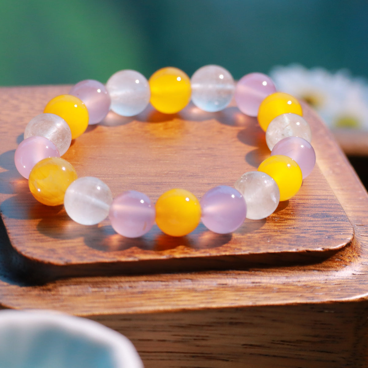 10mm Natural Yellow Agate, Green Fluorite & Purple Chalcedony Bracelet