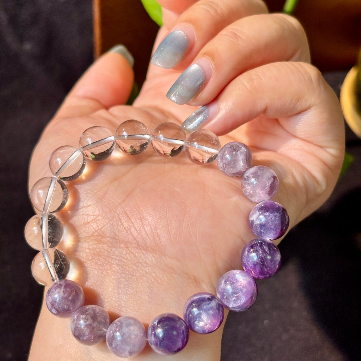 10mm Silver Purple Lepidolite & White Quartz Bracelet – Handmade Natural Crystal Stretch Bracelet