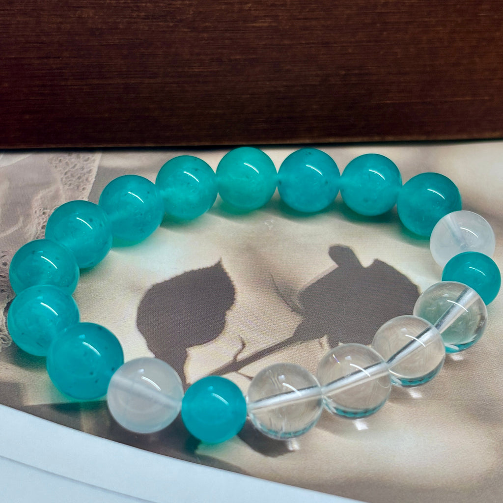 9–10mm Amazonite & Clear Quartz Bracelet – Handmade Natural Gemstone Stretch Bracelet