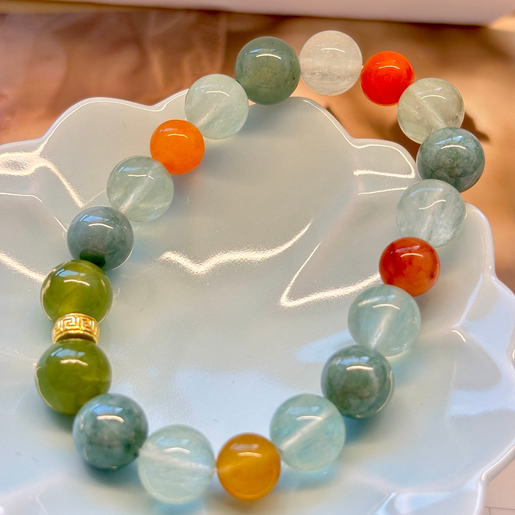 10mm Green Fluorite & Jade Bracelet with Sand Gold Accent