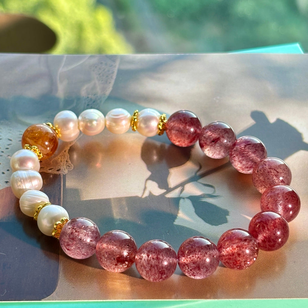 10mm Strawberry Quartz & Pearl Bracelet with Golden Rutilated Quartz