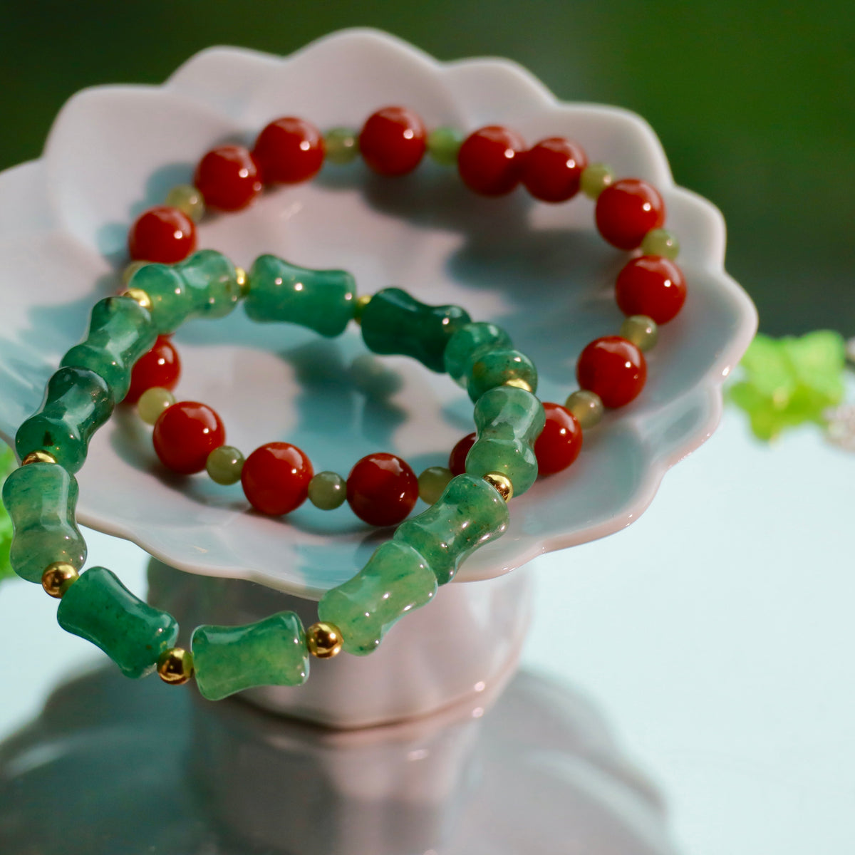 Natural Gemstone Stacking Bracelet Set | 8mm Nanhong Agate, Hetian Jade & Aventurine