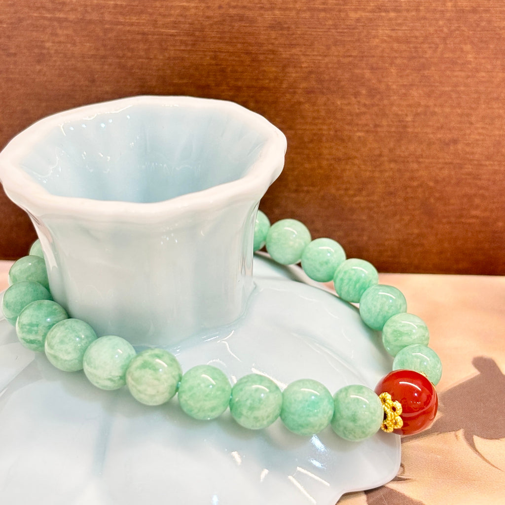 8mm Natural Old-Mine Amazonite Beaded Bracelet, Accented with a Single Red Agate