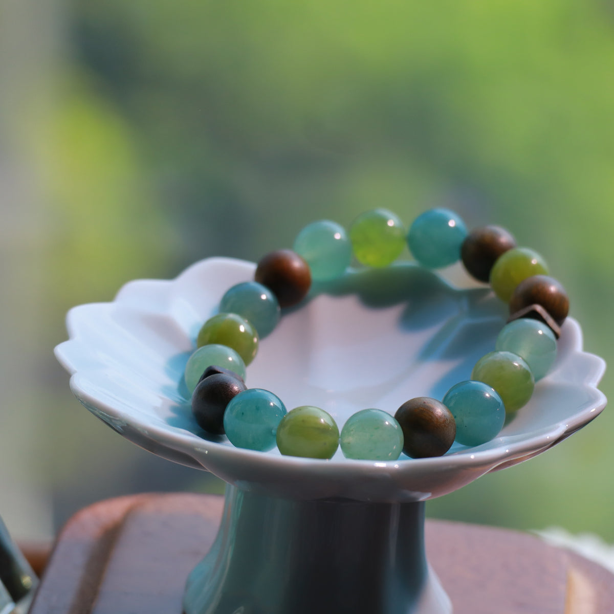 Green Aventurine & Xiuyan Jade Bracelet with Blue Agate and Green Sandalwood