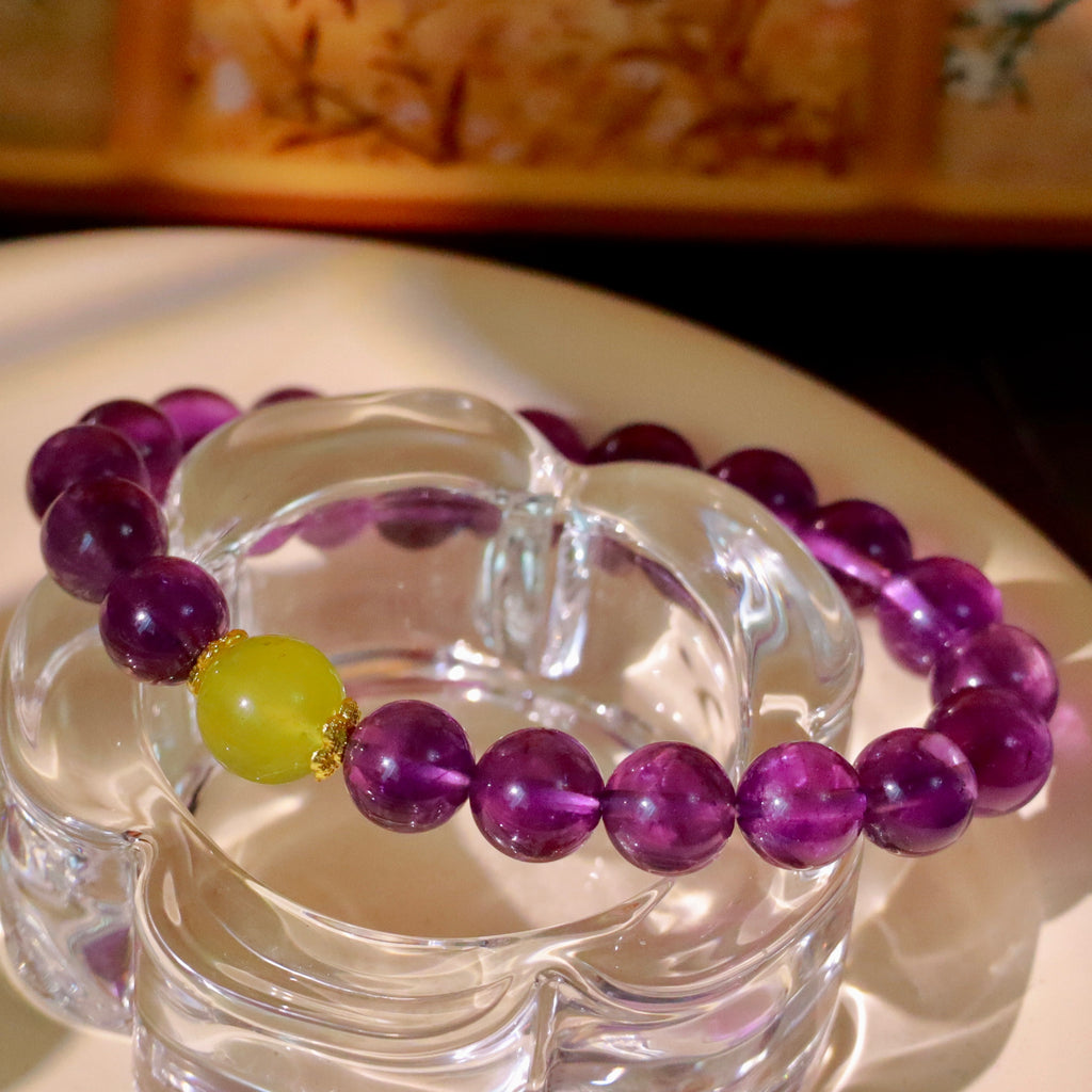 9mm Amethyst & Xiuyu Jade Bracelet – Handmade Natural Crystal Stretch Bracelet