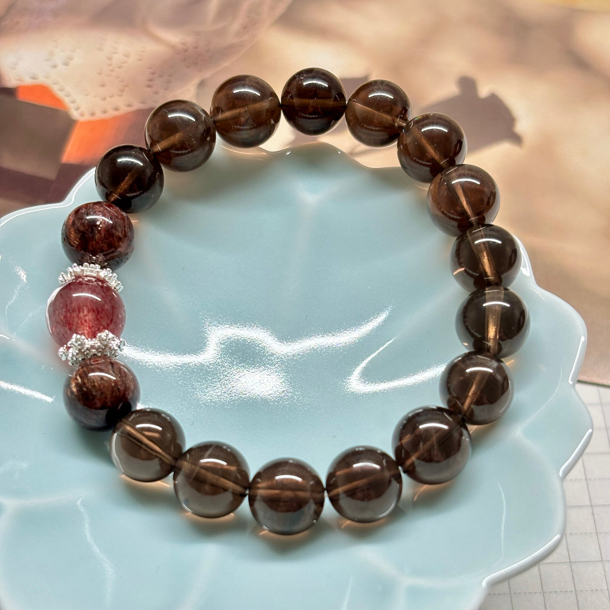 Smoky Quartz Bracelet with Black Super Seven & Red Strawberry Quartz, 10mm