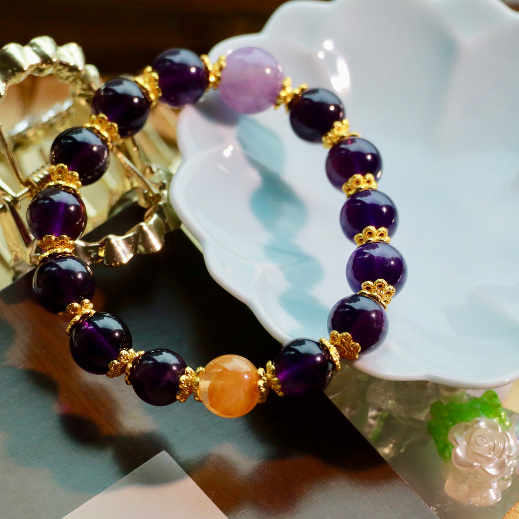 9-10mm Natural Uruguayan Amethyst Bracelet | Deep Purple Crystal with Yellow Hematoid Quartz