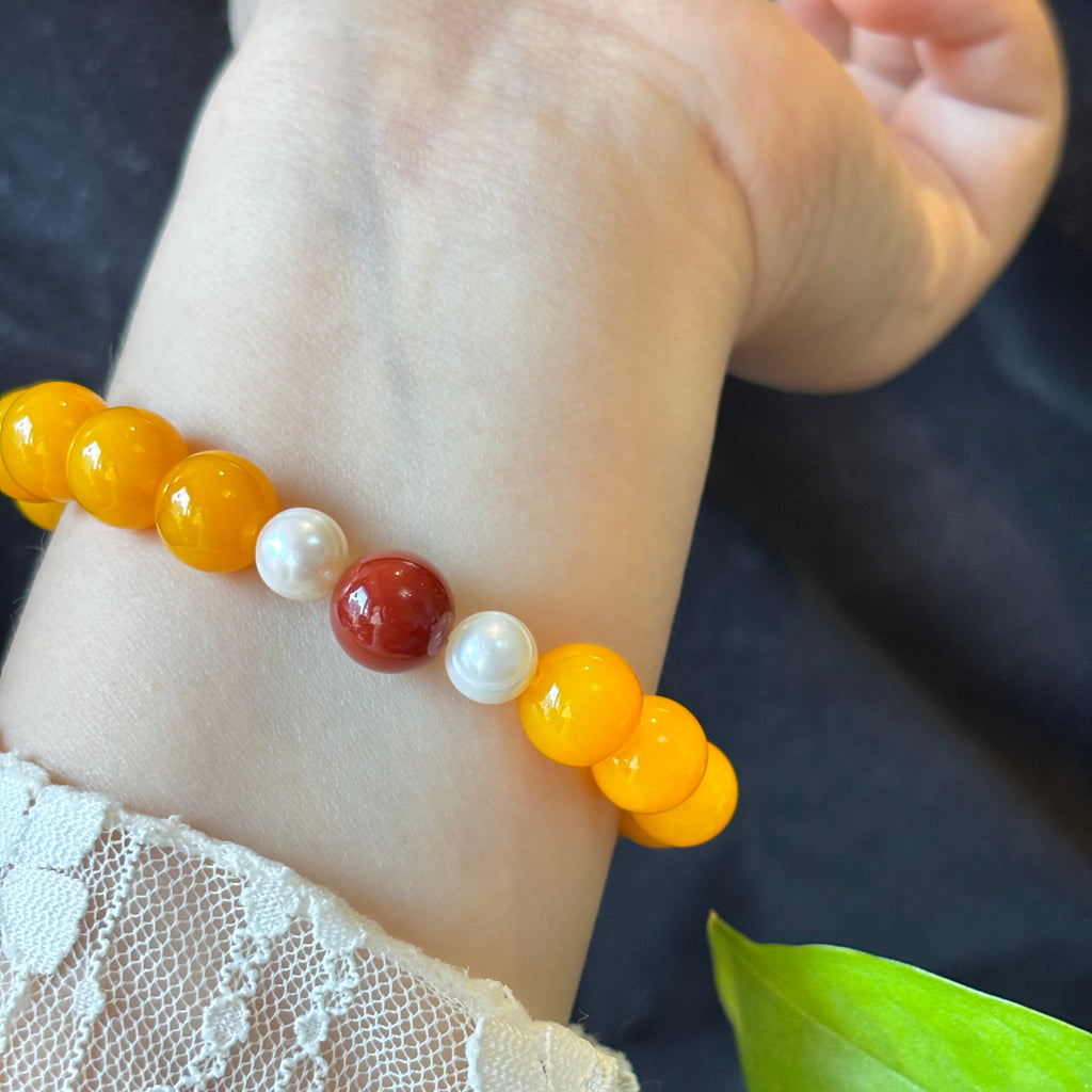 Natural Yellow Agate & Pearl Bracelet with Nanhong Agate | 10mm Gemstone Beaded Bracelet