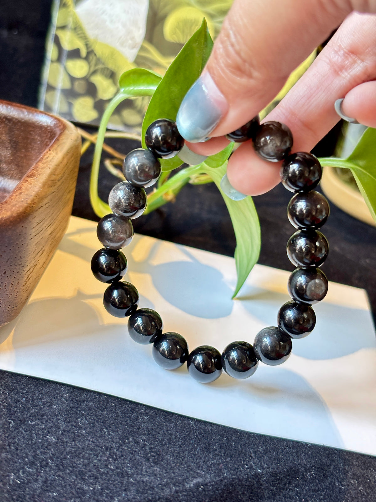 10mm Natural Silver Sheen Obsidian Bracelet –  Black Gemstone Beads