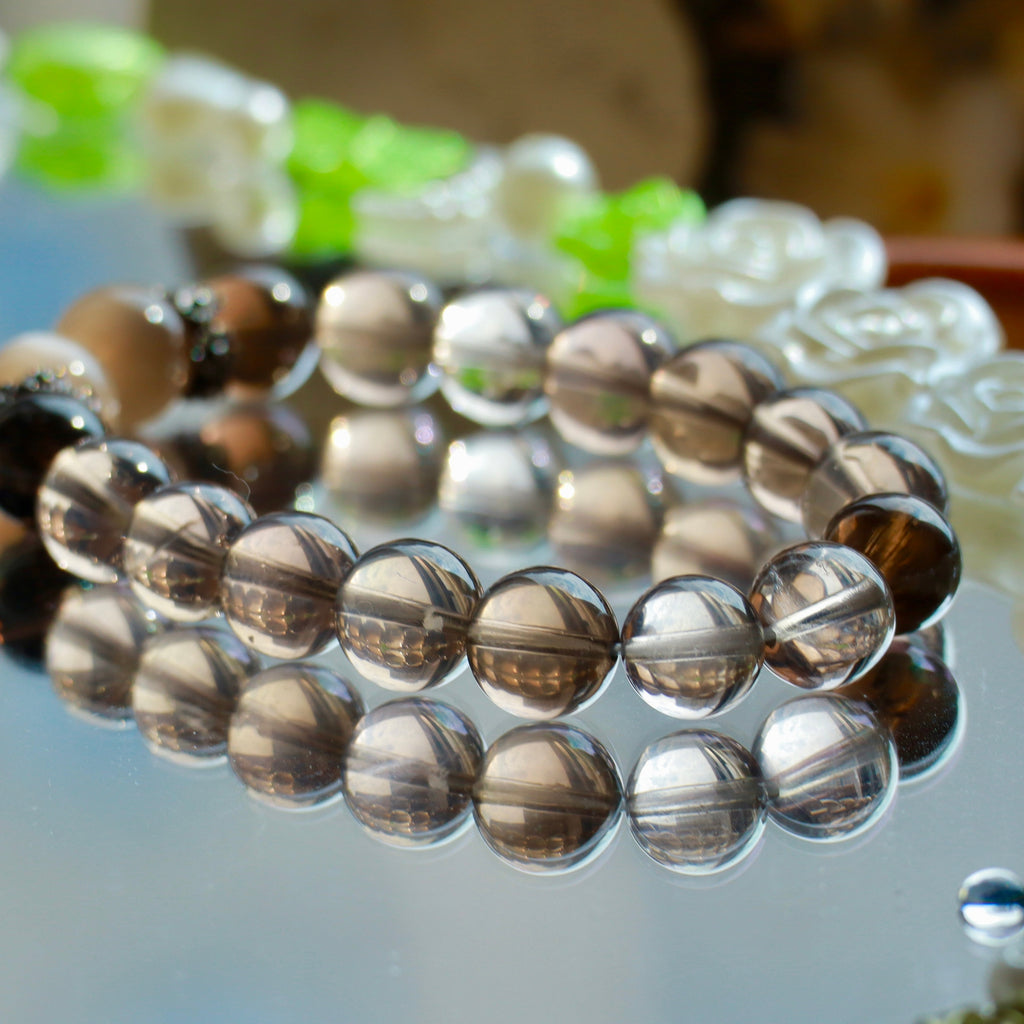 White & Black Smoky Quartz Bracelet with Cream Moonstone | 10mm Natural Gemstone Beads
