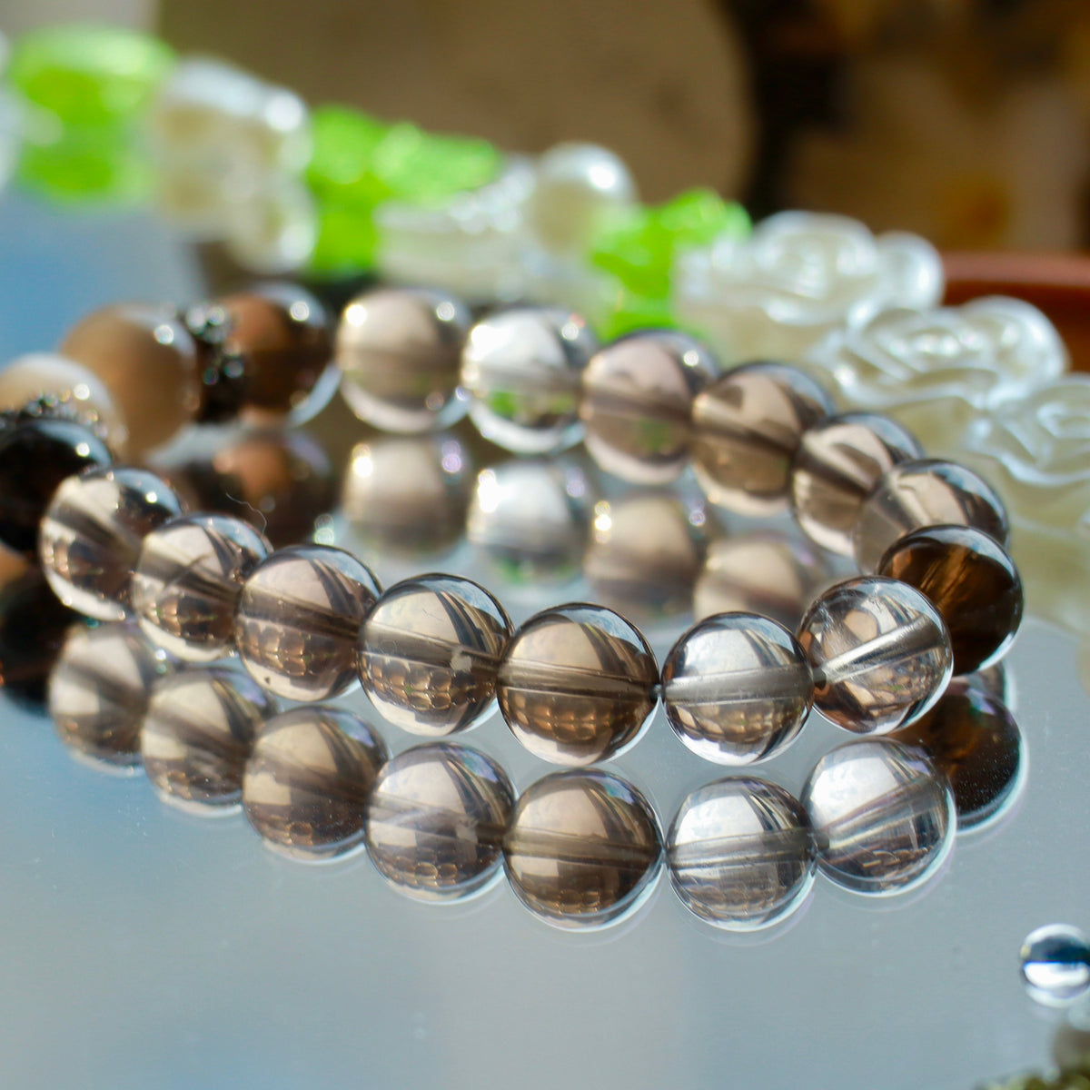 White & Black Smoky Quartz Bracelet with Cream Moonstone | 10mm Natural Gemstone Beads