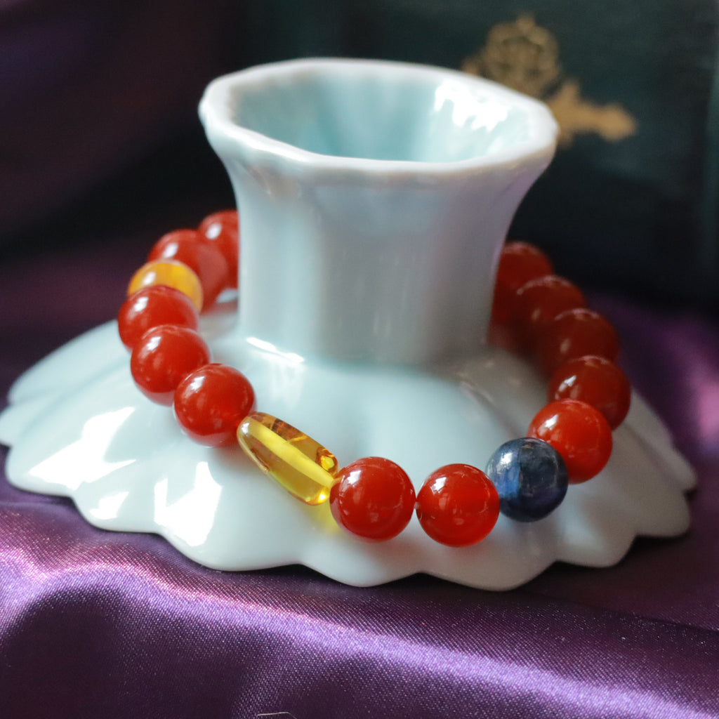 Red Agate Bracelet with Blue Kyanite, Yellow Flower Agate & Amber
