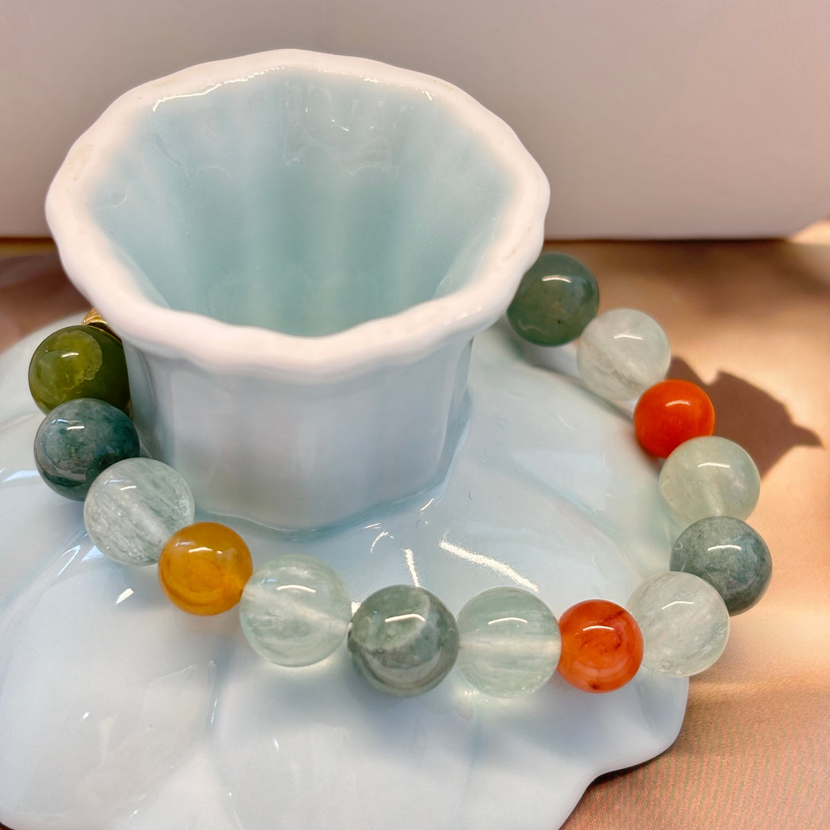 10mm Green Fluorite & Jade Bracelet with Sand Gold Accent