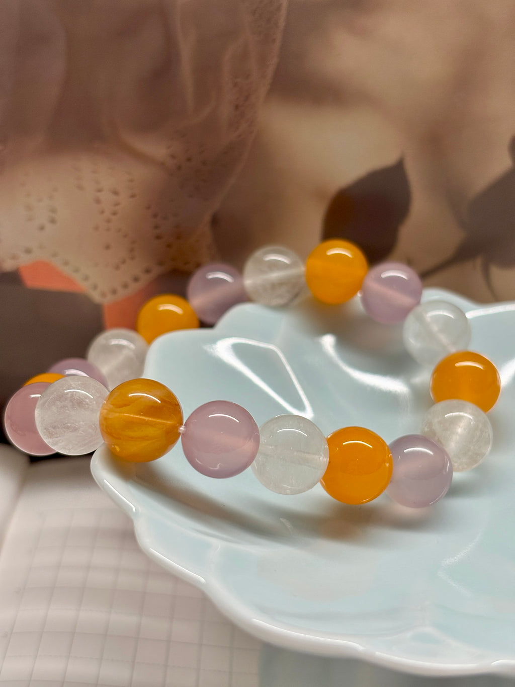 10mm Natural Yellow Agate, Green Fluorite & Purple Chalcedony Bracelet