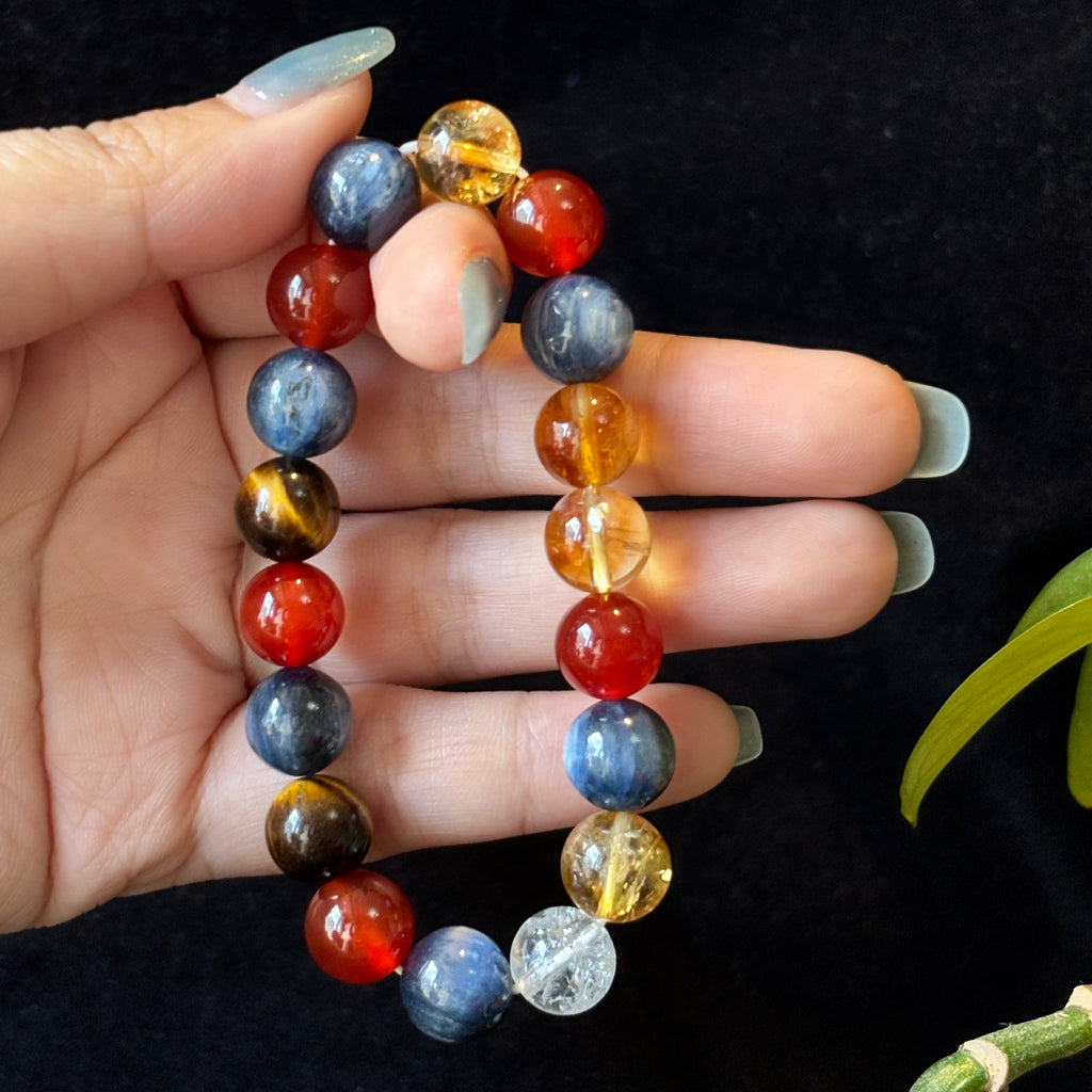 Natural Blue Kyanite, Red Agate, Yellow Tower Quartz & Tiger Eye Bracelet – 10mm Gemstone Jewelry