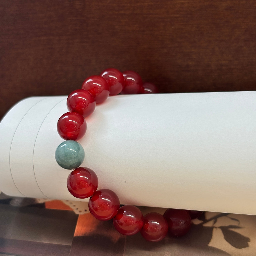 10mm Red Agate & Green Jade Bracelet – Handmade Natural Gemstone Stretch Bracelet