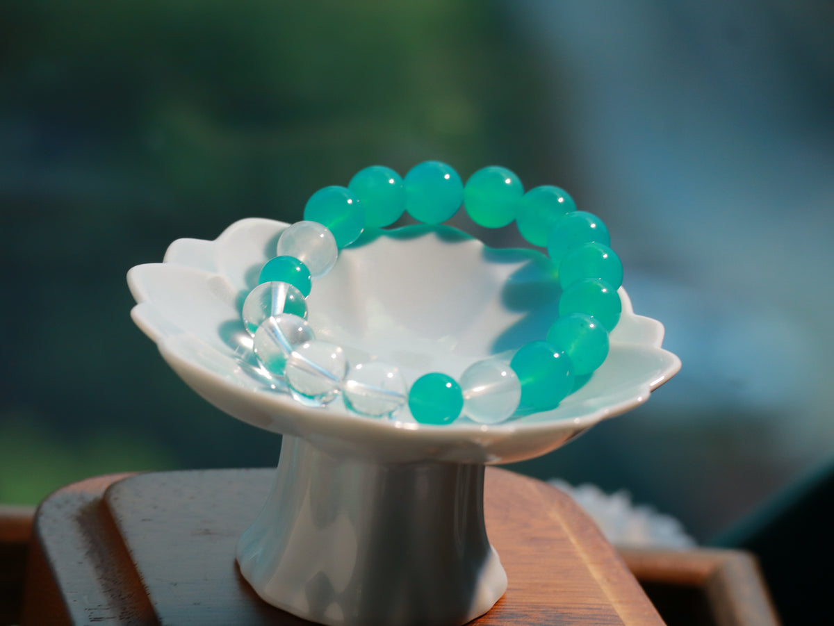 9–10mm Amazonite & Clear Quartz Bracelet – Handmade Natural Gemstone Stretch Bracelet