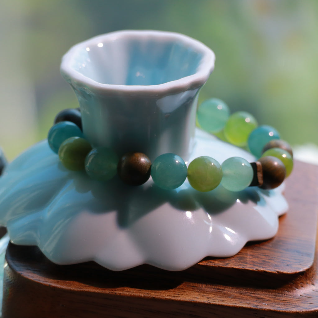 Green Aventurine & Xiuyan Jade Bracelet with Blue Agate and Green Sandalwood