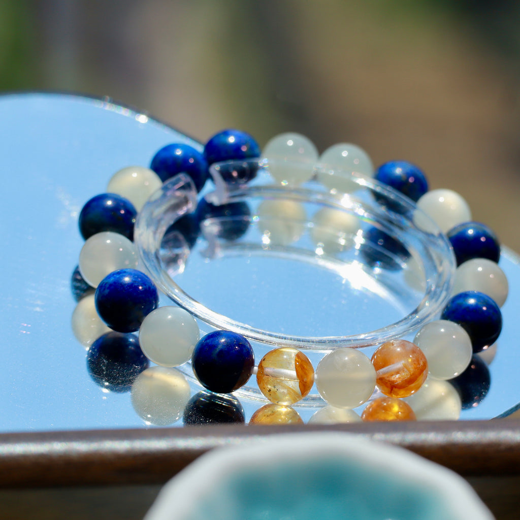 9-10mm Natural Lapis Lazuli, White Moonstone & Yellow Hematoid Quartz Bracelet
