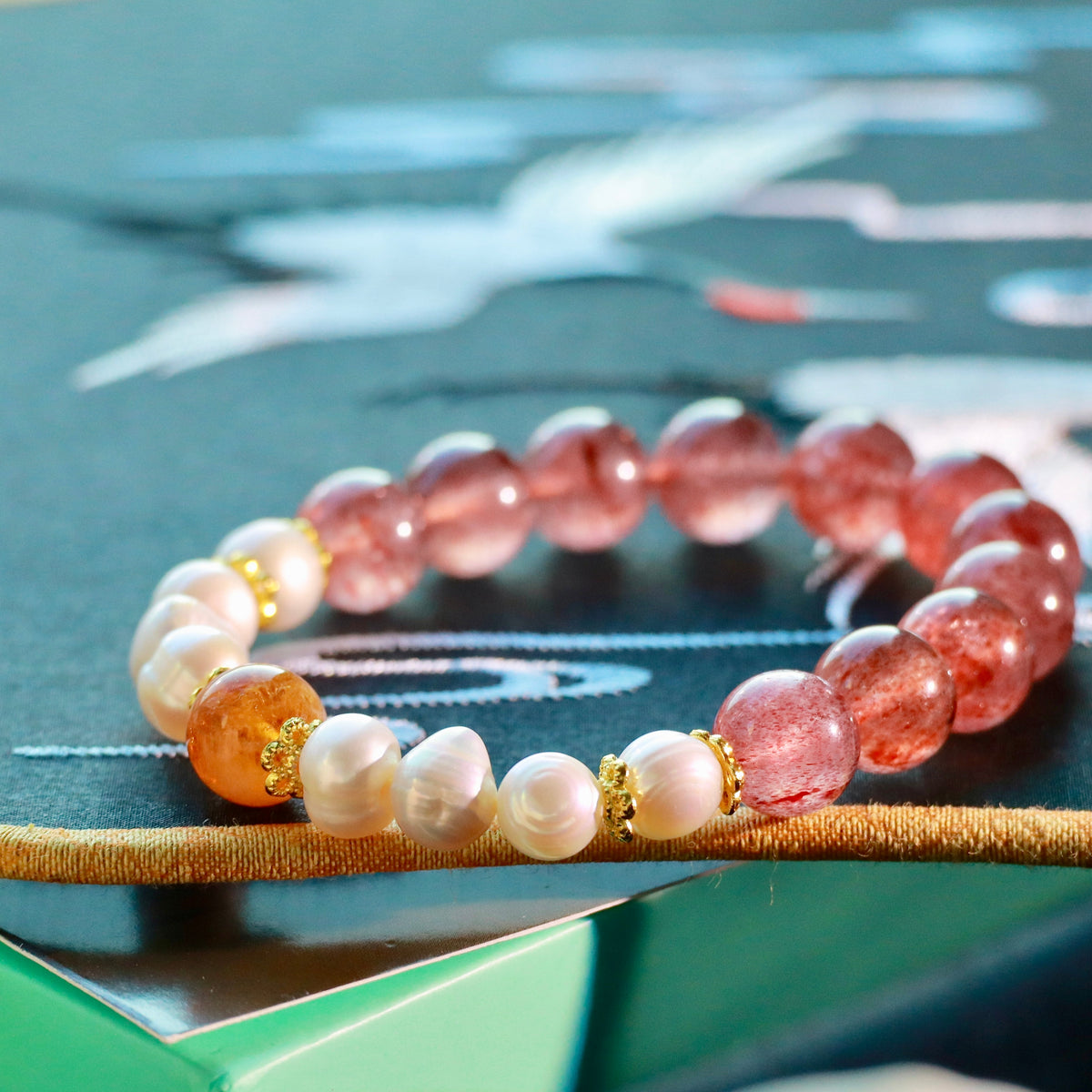 10mm Strawberry Quartz & Pearl Bracelet with Golden Rutilated Quartz