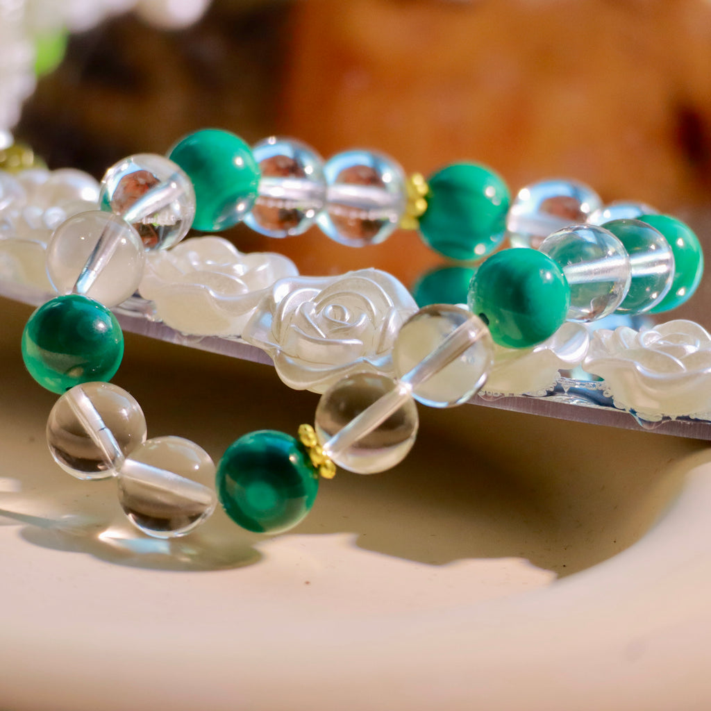 Natural Malachite & Clear Quartz Bracelet | 10mm Gemstone Beads